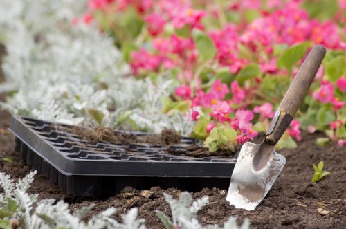 A gardening scene in a landscaped outdoor space, featuring a small gardening trowel with a wooden handle and metal blade partially inserted into dark, moist soil. The soil has been recently disturbed, indicating planting activity, and surrounds a black seed tray with small seedlings or soil that appears ready for planting. In the background, vibrant pink flowering plants and silvery-white foliage add colour and texture to the garden, with lush green leaves visible behind them. The scene is set under natural lighting, suggesting a clear day in an outdoor garden area, likely within a residential or professional landscaping setting in the UK, such as in Kings Cross. This image reflects typical gardening activities supported by services like those offered by Landscapers Kings Cross, including planting and soil preparation in well-maintained garden environments.