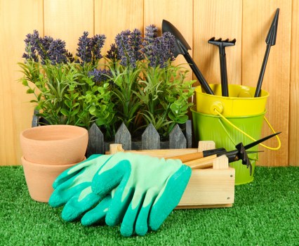 The image depicts a neatly organized outdoor garden workspace featuring a small section of artificial grass, with a row of lavender plants in black containers positioned at the back. In front of the lavender, there are three unglazed terracotta pots stacked together, ready for planting. Adjacent to the pots, a wooden vegetable crate contains a pair of bright turquoise gardening gloves laying atop a garden trowel and hand fork. To the right, a yellow plastic bucket holds various gardening tools, including a small spade, a hand rake, and a trowel, all with black handles. The background consists of wooden fencing or paneling, indicating a garden or backyard setting, with natural lighting suggesting a sunny day. The setup suggests preparations for gardening within a residential outdoor area, aligning with services such as flower bed creation and lawn maintenance offered by Landscapers Kings Cross in the local postcode area of London, specifically around Kings Cross.